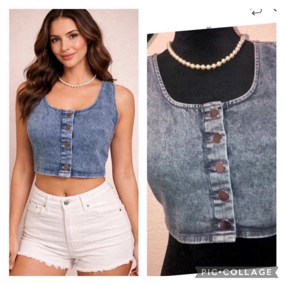 Topshop Blue Washed Denim Cropped Tank
